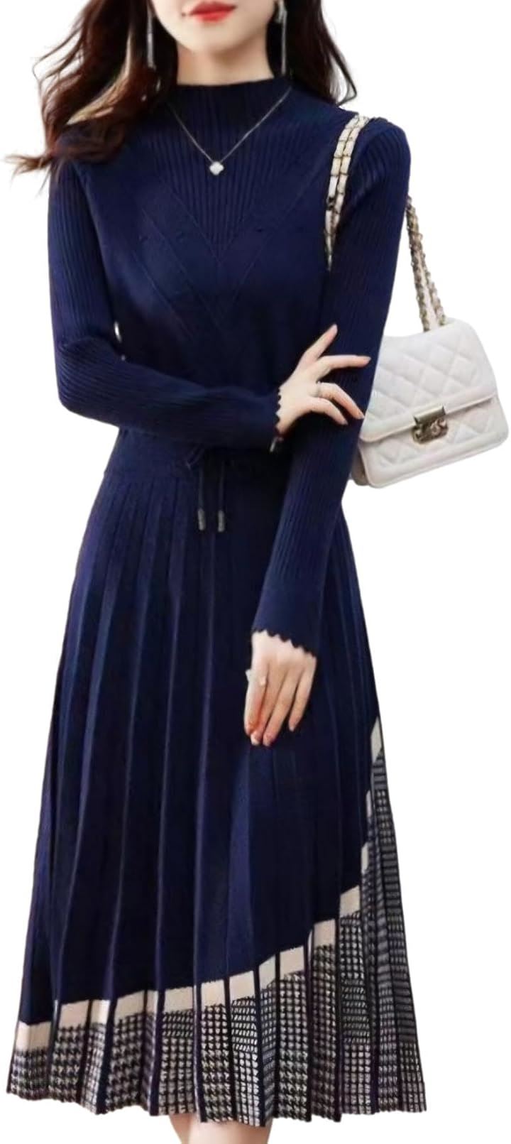 長袖ワンピ 体形カバー クラシカル シック 大人フェミニン Aライン 洋服 おとな 千鳥柄 十分袖 エレガント レディライク レディースファッション 高身長 ウエスト デザイン(M)