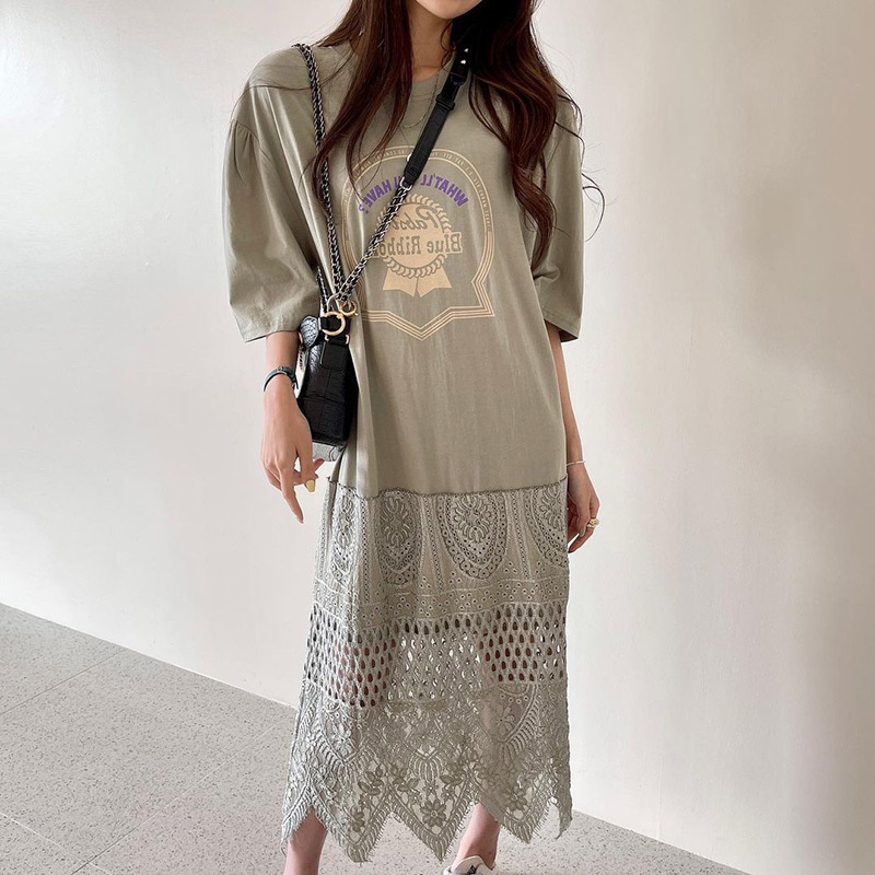 レディース ワンピース プルオーバー ミモレ ロング 半袖 5分袖 パフスリーブ ドロップショルダー クルーネック 襟なし ノーカラー ワイド ストレート 切り替え ドッキング レース 刺繍