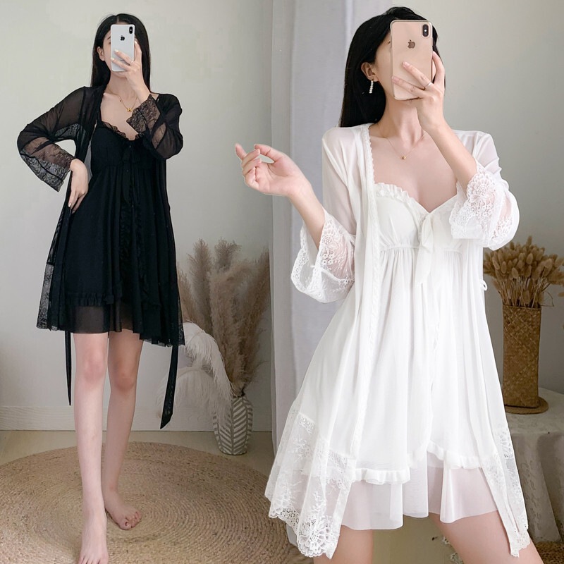 ルームウェア 部屋着 寝巻き ナイトウェア ガウン ネグリジェ ミニ ミニ丈 袖あり 長袖 Vネック フレア レース フリル ハイウエスト 前開き 透け感 かわいい 大人可愛い きれいめ シンプル