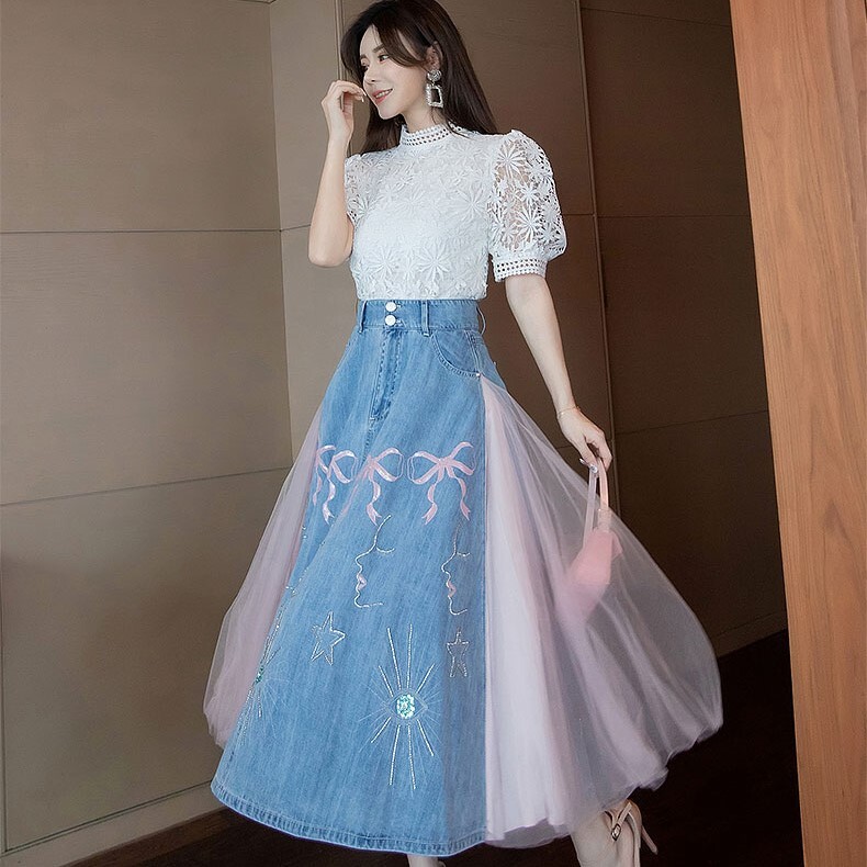 ツーピース トップス スカート ブラウス デニムスカート ミモレ丈 袖あり 半袖 パフスリーブ スタンドカラー Aライン 刺繍 チュール ドッキング ポケット ハイウエスト デニム かわいい きれいめ