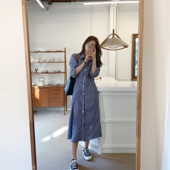 【取寄：納期2週間】ロングワンピース ブラウス 長袖 シャツ レディース 不規則柄 シャツワンピース リボン きれいめ チュニック シャツ ロング丈 ストライプ リボンベルト 20代 30代 40代