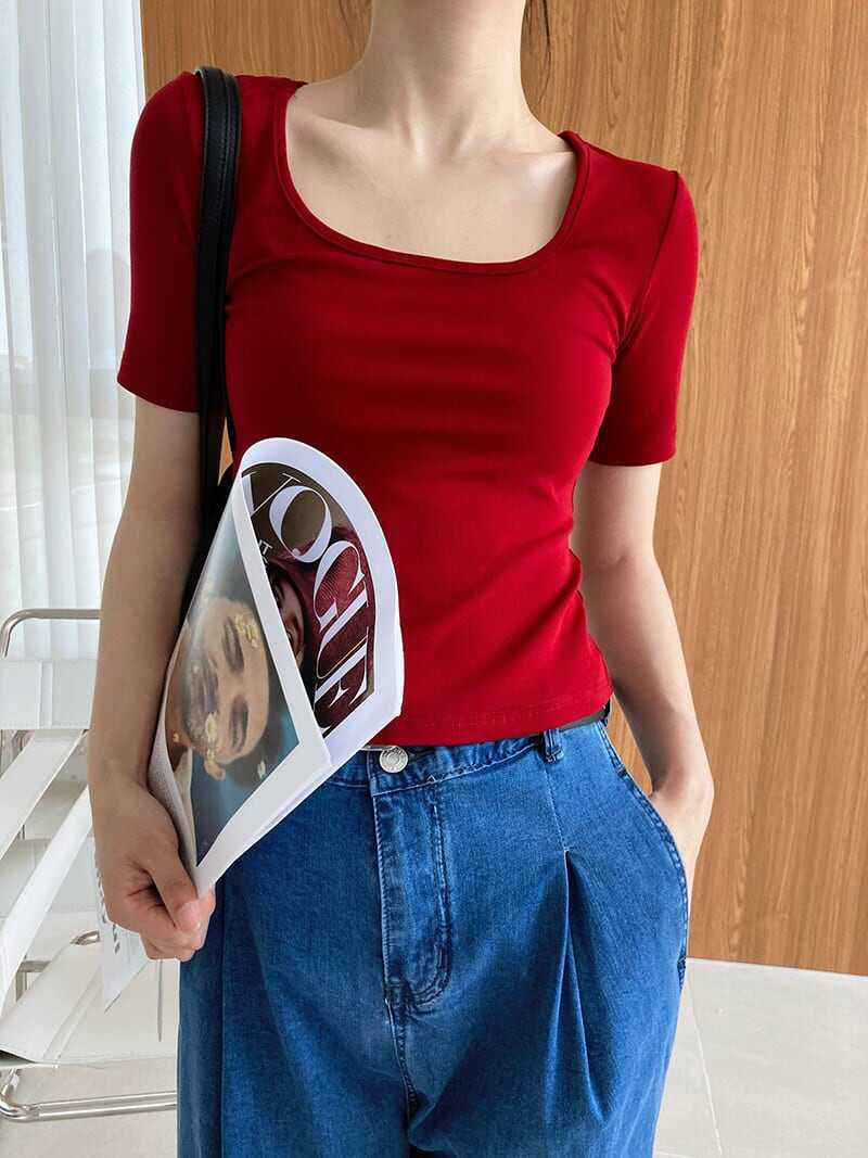 トップス Tシャツ ショート丈 袖あり 半袖 Uネック タイト 綿 かわいい シンプル カジュアル ラフ スポーティー ラブリー モード系 無地 夏 10代 20代 レディース 着回し 普段使い 重ね