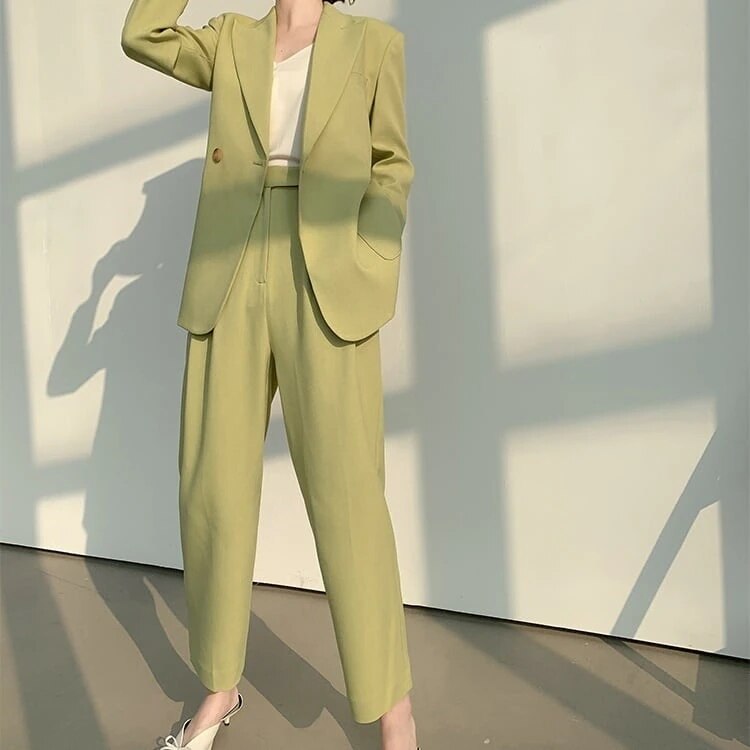 セットアップ スーツ パンツ ボトムス ジャケット 長袖 ロング タック ハイウエスト ワイド ストレート 襟付き Vネック レトロ ビッグシルエット 韓国 スリム タイト きれいめ 大人 l