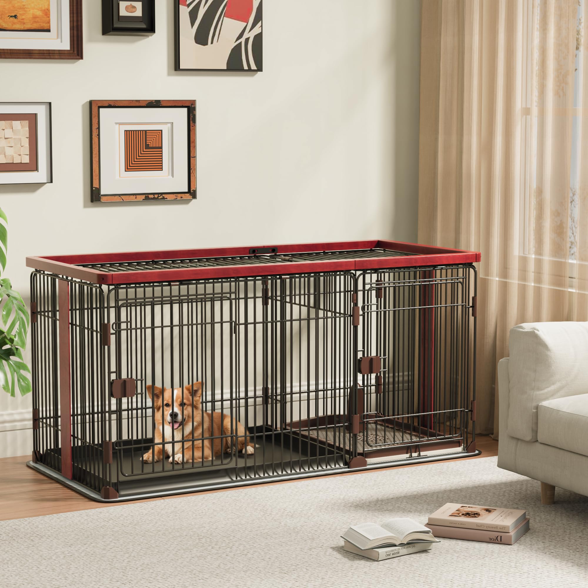 Petnniko 犬 ケージ 犬 ゲージ 犬ゲージ 幅146×奥行68×高さ70cm 小中大型犬用 ペットケージ 犬サークル 木製 室内 マット付き トイレ 屋根付き トイレトレーニング出来る 仕切