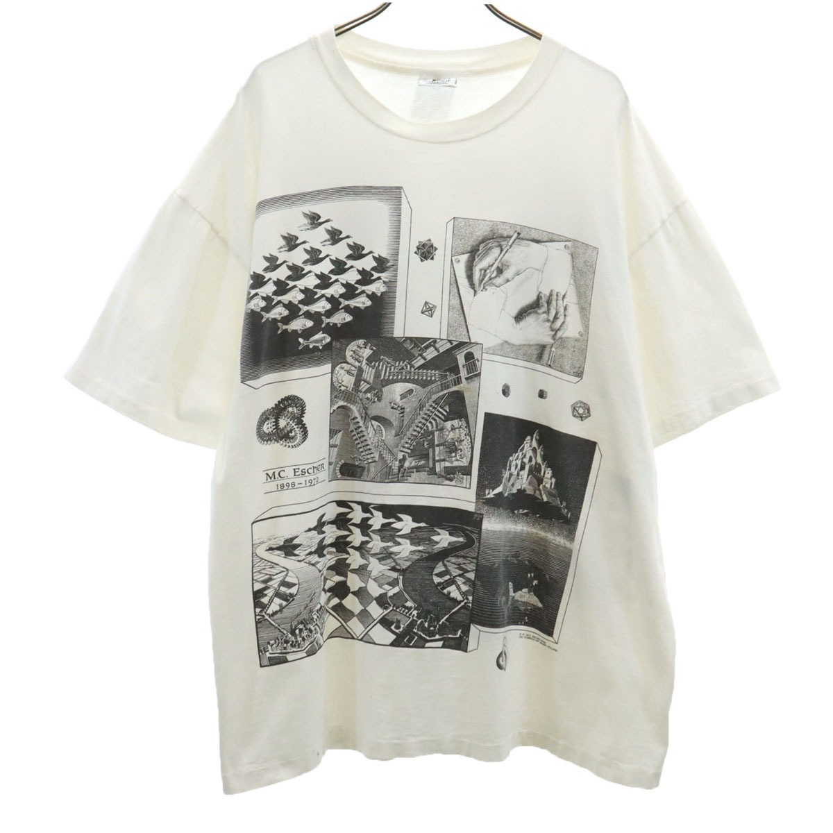 ANDAZIA アンドジア 90s USA製 オールド マルチ M.C.エッシャー だまし絵 半袖 Tシャツ XL ホワイト シングルステッチ メンズ 古着