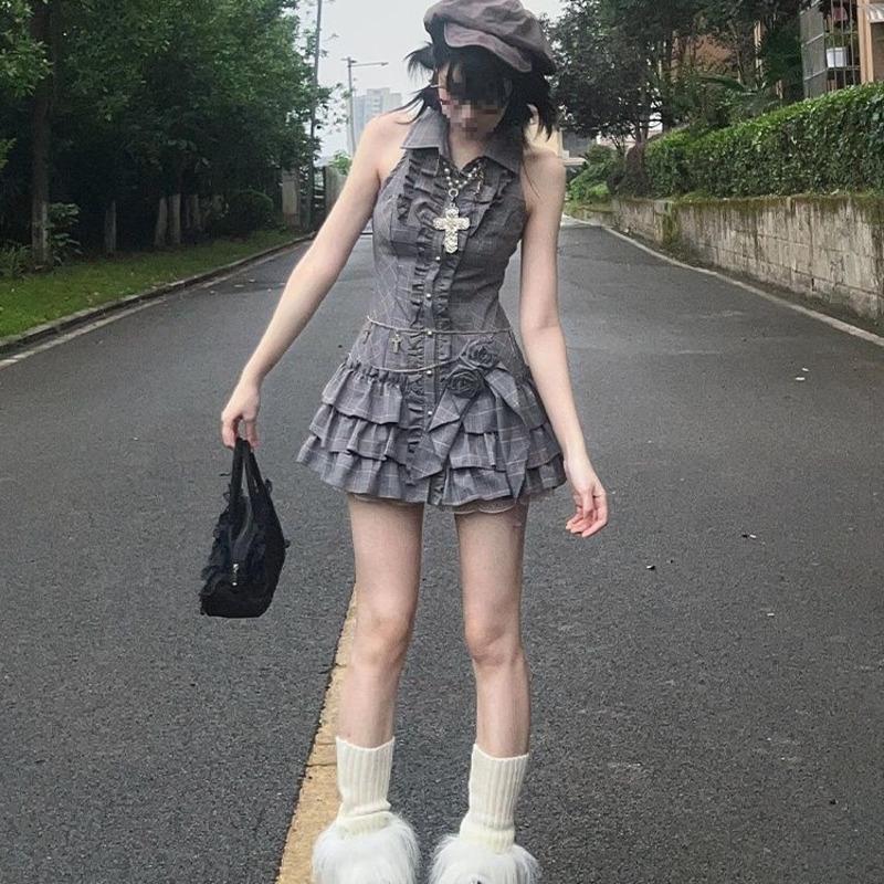 Qianxiロールプレイング夏の新しいスタイルファッショナブルなデザインノースリーブウエストCinching痩身コスプレレイヤードドレス カート コスプレ ピンク 桃柄 癒し レディース カジュアル