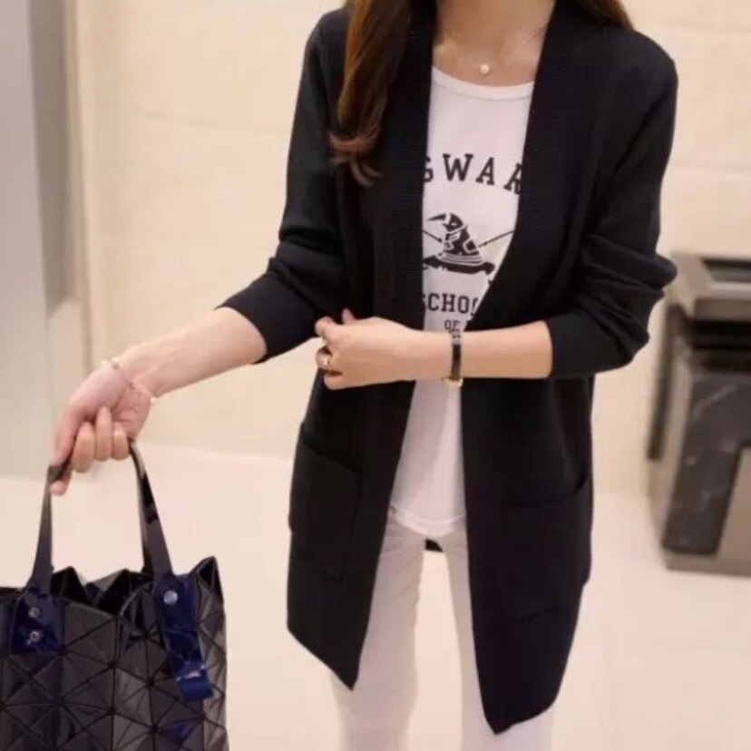 ４色 ロングカーディガン トップス ニット カーディガン 春 秋 かわいい きれいめ カジュアル 長め 七分袖 ノーカラー スリム タイト 細身 ストレート ポケット 前開き 白 ホワイト 黒 ブラッ