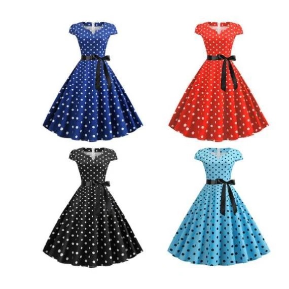 期間限定ワンピース フレアスリーブ ドット柄 水玉 レトロ キュート フェミニン 大人かわいい ロング丈 フレアワンピ レッド ブラック ホワイト イベントワンピース フレアスリーブ ドット柄 水玉