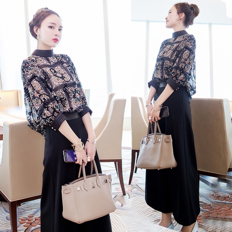 セットアップ レディース トップス ボトムス インナー S M L XL 2XL 3XL 韓国 ブラック 3点セット 上下セット キャミソール付き ワイドパンツ ズボン スタンドカラー 透け感 モダン