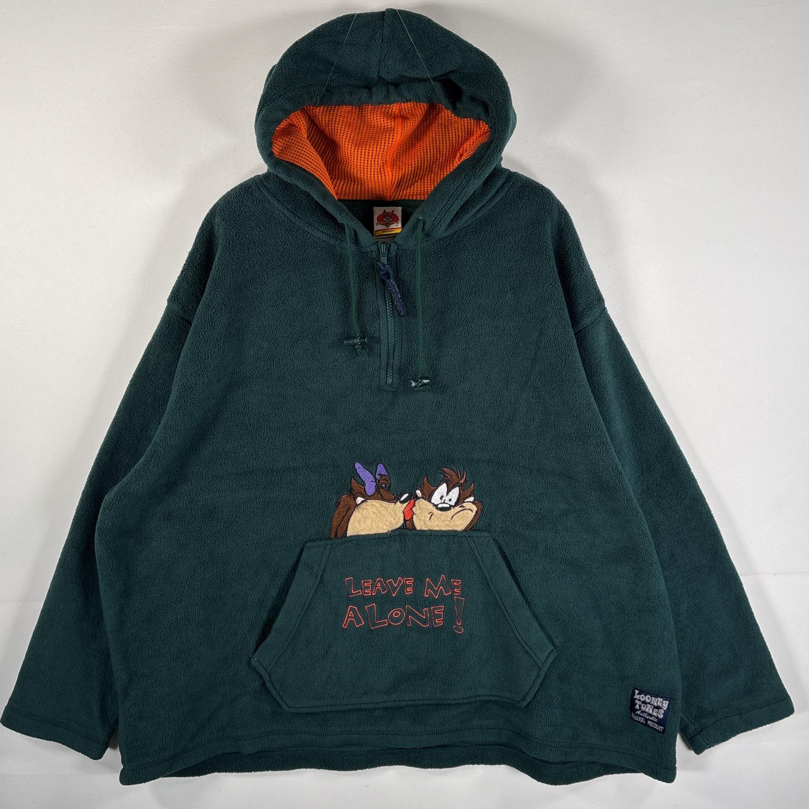 古着 ルーニーテューンズ Looney Tunes フリースパーカー ハーフジップ タスマニアンデビルズ フーディー 26/28W グリーン レディース