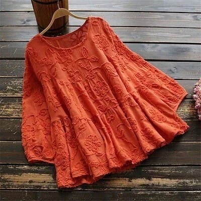 超目玉新品レディース ブラウス チュニック トップス 刺繍 7分袖 シャツ 綿麻 無地 フレア 体型カバー スリーブ 大きいサイズ 30代40代