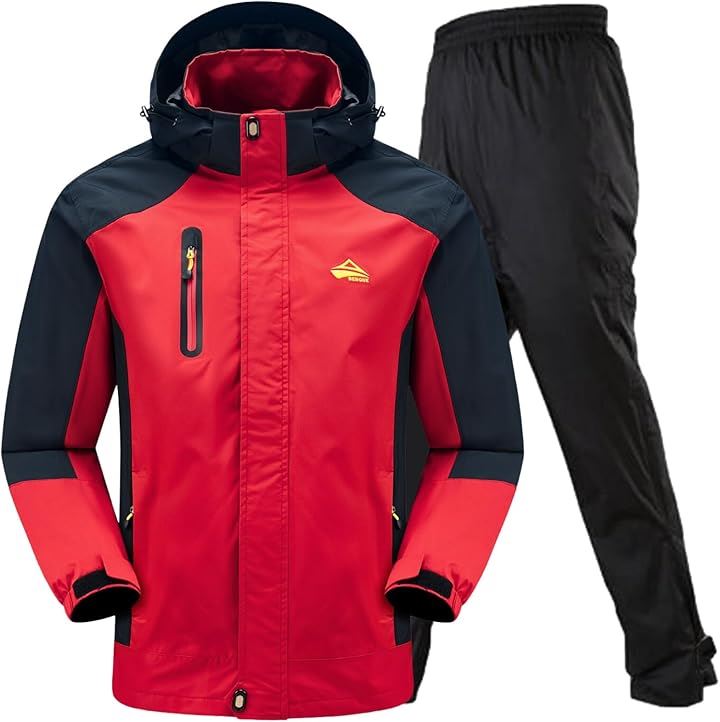 大雨でも快適 アウトドアジャケット 上下セット メンズ 登山 レインウェア 釣り バイク レインパンツ マウンテンパーカー 防水 撥水 カッパ(5.レッド (防水レインパンツ), L)