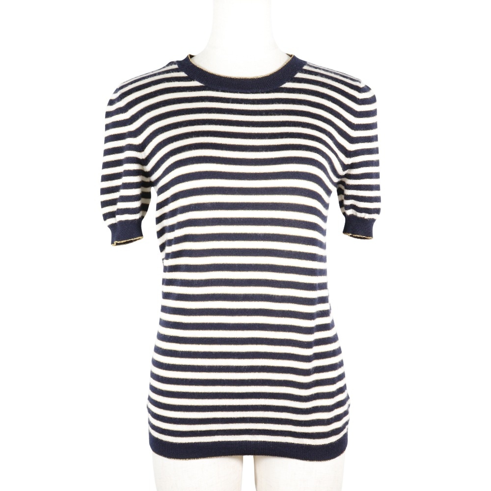 半袖 ボーダー 428050 ニット カシミヤ シルク ネイビー 白 レディース 中古品 A-ランク
