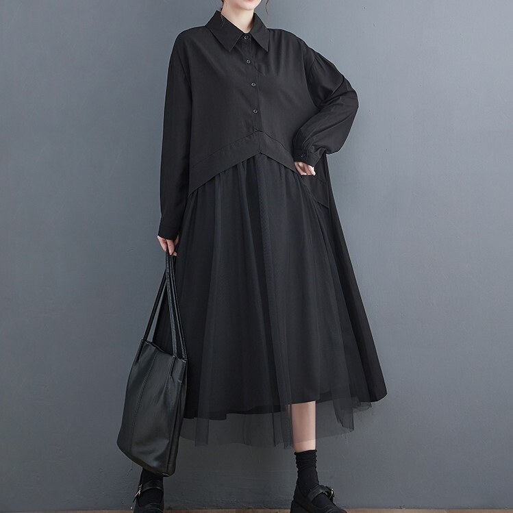 ワンピース シャツワンピース 膝下 ロング ロング丈 袖あり 長袖 襟付き 角襟 フレア セミフレア Aライン 切り替えデザイン ドッキング ハイウエスト シフォン ボタン かわいい 大人可愛い