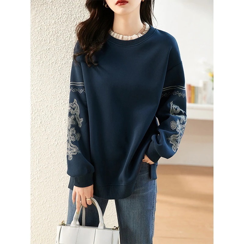 秋アウター ラウンドネック 刺繍 レース襟 長袖 ブラウス ゆったり 風 レイヤード レディース トップス カシミヤタッチ