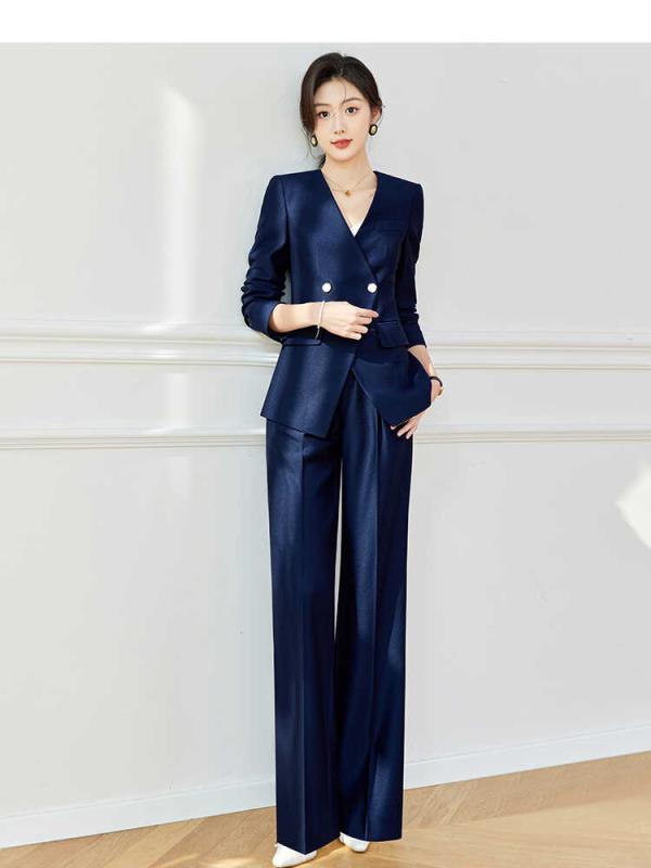 レディース スーツ 春夏秋 マザー 女性 韓国 カジュアル ハイエンド ジャケット フォーマル Vネック ダブルブレスト パンツ スーツ 長袖 通勤 オフィス スマート スリム フィット 洗練 エレガ