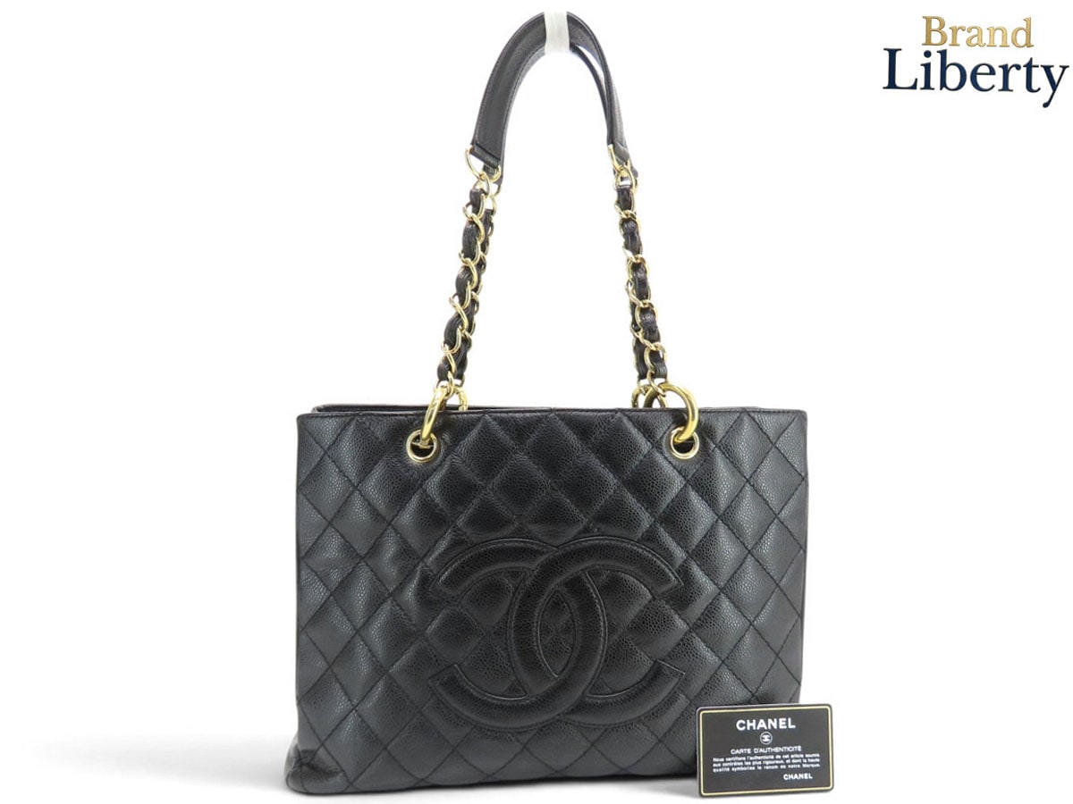 美品シャネルCHANELマトラッセデカココマークキャビアスキンGSTグランドショッピングトートチェーントートバッグハンドバッグショルダーバッグブラックゴールド金具グレインドカーフスキンA50995