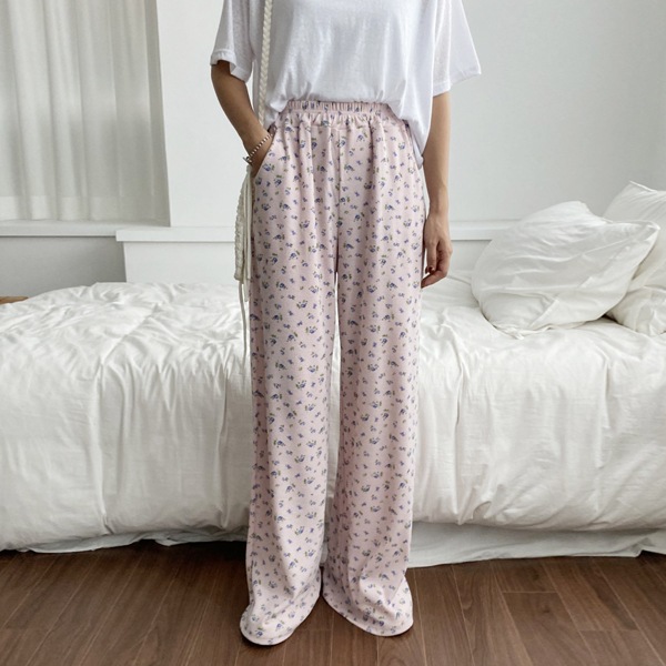 韓国ファッション フローラル パターン ポケット ワイド バンディング パンツ