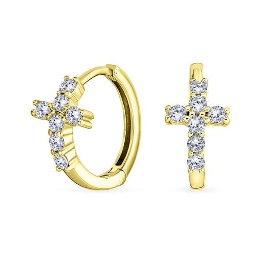 [ブリングジュエリー] CZ 14金ゴールドメッキ シルバー925製 パヴェセット 十字架 クロス KPOP ユニセックスデザイン キャッチレスフープピアス