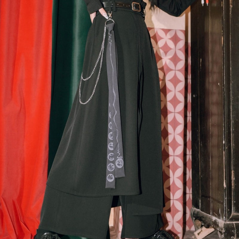 【快速出荷】チャイナ風ズボン ガウチョパンツ ロング 黒 ワイドパンツ レディース レイヤード 春秋 飄逸 取り外し可能のチェーン付き 個性的