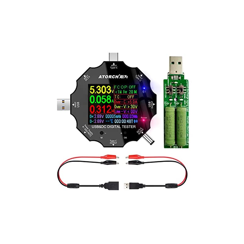 【即納】USB Cテスター3 in1タイプCDC5.5 USBテスターカラースクリーンIPSデジタルマルチメーター電圧電流電力Bluetooth抵抗静電容量検出器クリップケーブル付きサ