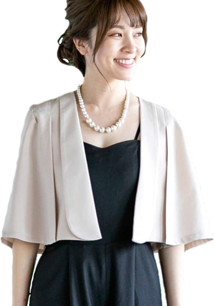 結婚式 ノーカラージャケット レディース パーティー ボレロ マント 袖口 フォーマル ジャレロ カーディガン 羽織り 体型カバー (A ベージュ, S)