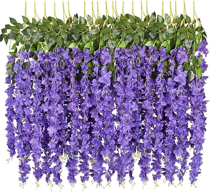 観葉植物 藤の花 造花 フェイクグリーン 吊り下げ 人工 インテリア 24本(紫, 約110cm)