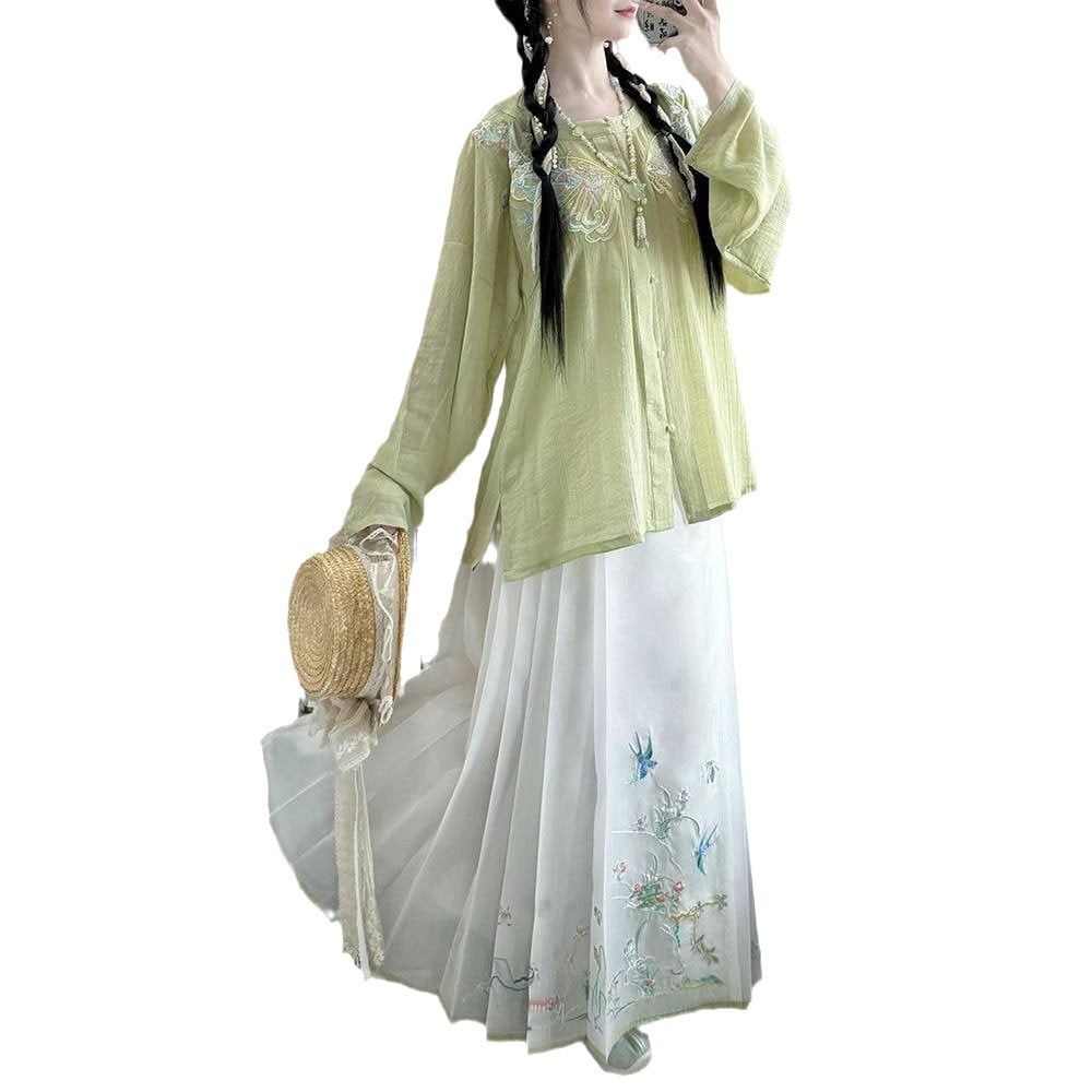 明製漢服女性刺繍丸首シャツ弓袋袖馬面スカート通気性が良い日常スカート