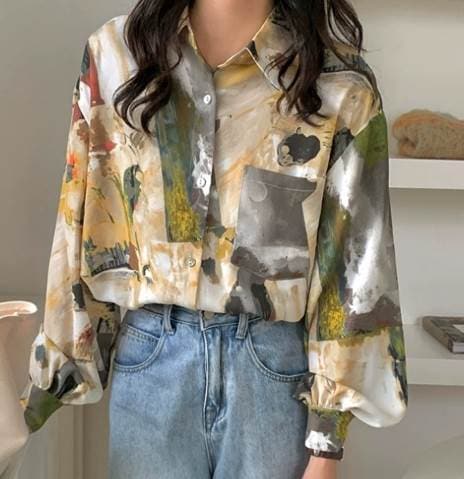 絵画風 レディース トップス シャツ ロング 長袖 襟付き 角襟 前開き 薄手 大人可愛い きれいめ カジュアル おしゃれ かっこいい レトロ こなれ感 ラフ メンズライク ボーイッシュ ルーズ 個性