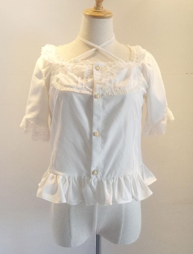 【短納期】ロリィタブラウスホワイト無地半袖シフォンクラシック＆トラディションスクエアネック
