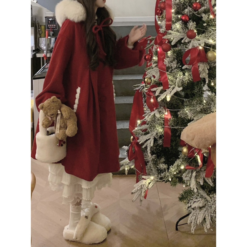 サンザシ ラブ 甘くてピュアなクリスマス レッド ウール コート かわいい ちょっとゆったり 暖かい ウール コート 21