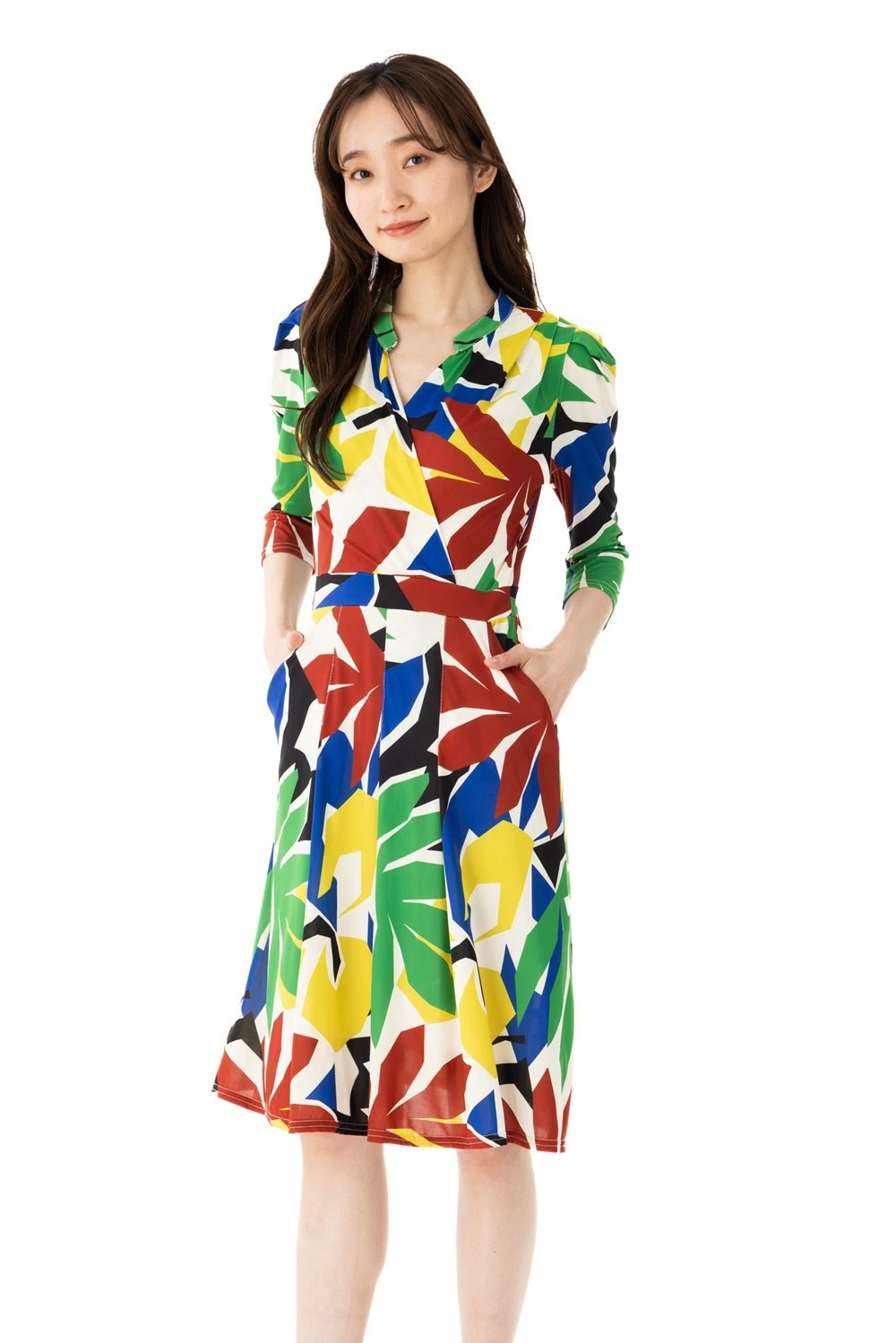 「エジェリワンピース」 EGERIEワンピース T1 T2 T3サイズ 七分袖 膝丈ワンピース 幾何柄 カシュクールネック ジャージー インポートワンピース 17,600円