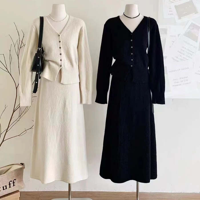 ニットセットアップ レディース 上下セット ニットスカート トップス ボトムス 秋 冬 スカートスーツ フォーマルスーツ Ｖネック セーター カットソー 長袖 フレアスカート ウエストゴム フォーマル