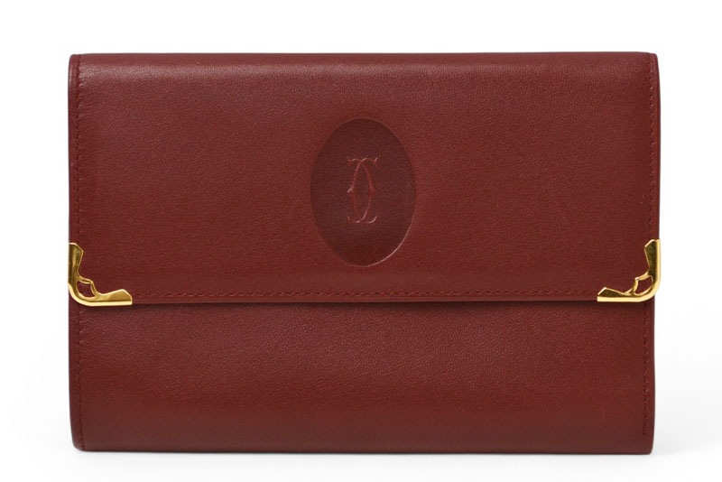 カルティエ 折財布/三つ折り ヴィンテージ Cartier マスト ドゥ カルティエ ボルドー がま口付【中古】