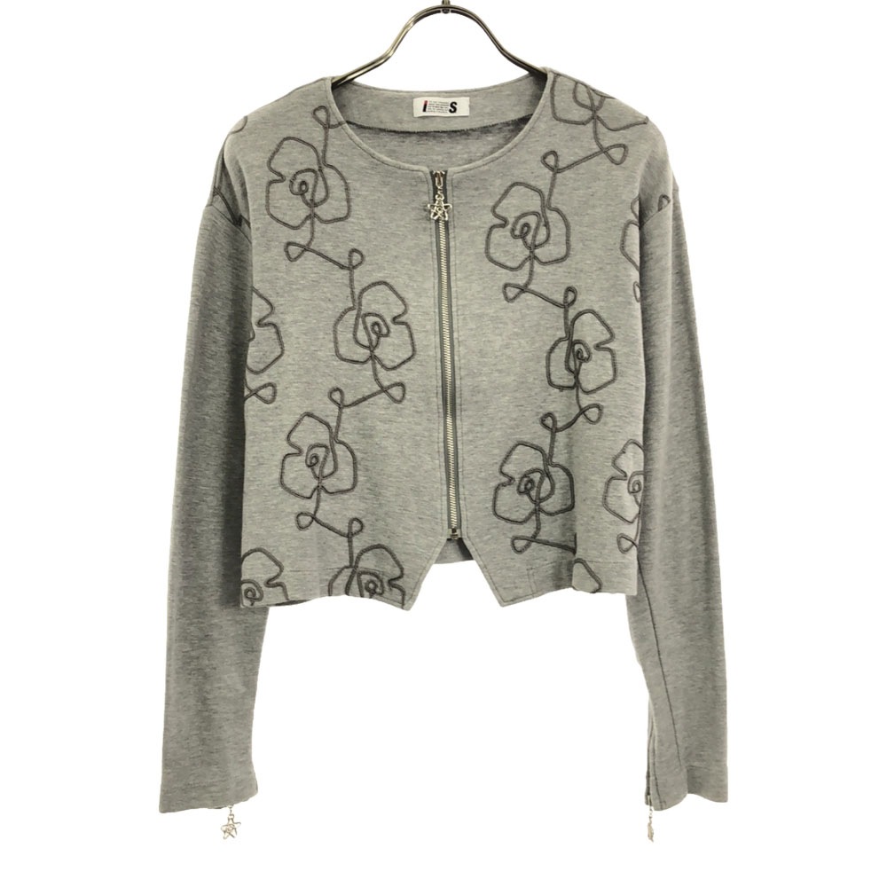 I.S. 日本製 花柄 刺繍 スウェット ノーカラージャケット M グレー系 レディース