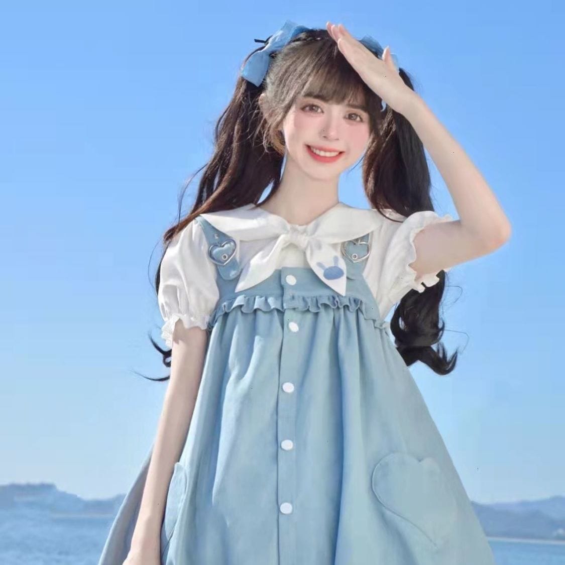 夏の学生ソフトガールガールスーツかわいいウサギの耳ネイビーシャツ+ストラップフラワーバッドドレスツーピースセット