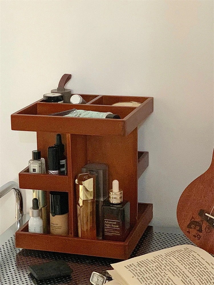 早い者勝ち 化粧品収納ケース スキンケア用品 小物収納 レトロ 木質 段積み整理 360回転可能 化粧台 卓上収納ケース