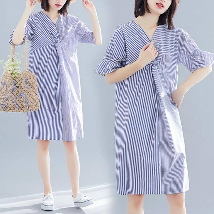 背中開き ねじり ワンピース XL 即納 ストライプ ブルー 切替 半袖 レディース nlw1236半袖ミニ・膝丈ワンピ
