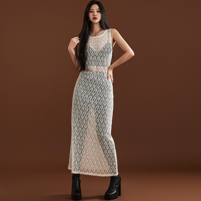 D4832 レース シースルー ワンピース