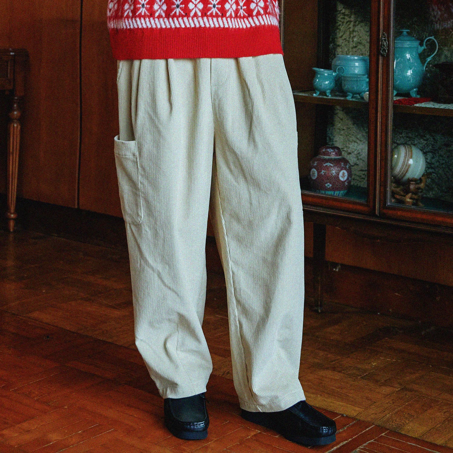 Corduroy wide balloon fit banding pants BEIGE