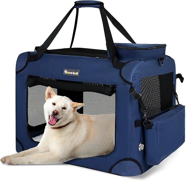 犬用キャリーバッグ ソフトクレート キャリーケース 犬用クレート 折りたたみ メッシュ ロック付き(ブルー, L（70L x 52W x 52H cm）)