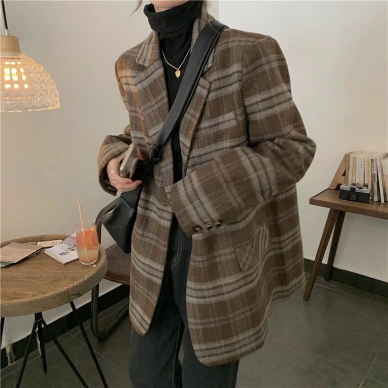 アウター レディース ジャケット テーラードジャケット チェック柄ジャケット タータンチェック シングルボタン 襟付き ブラウン 大人可愛い きれいめ 上品 エレガント フォーマル ガーリー ルーズ