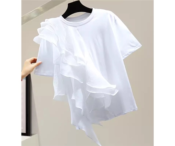 レディース トップス カットソー プルオーバー Tシャツ ミドル丈 左右非対称 不規則 半袖 ラウンドネック ストレート フリル かわいい 大人可愛い きれいめ シンプル カジュアル 上品 おしゃれ