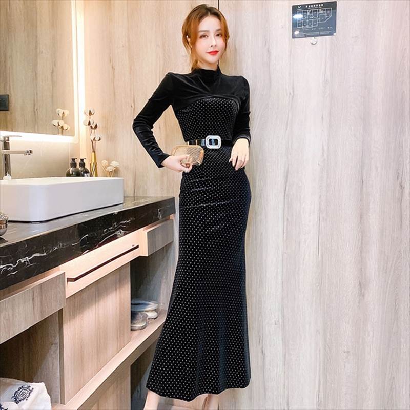 【急速出荷!】2色 キャバ ドレス ロング ロング丈 ベロア ドット ゴージャス 煌びやか 長袖 レディース セクシー 無地 パーティードレス ワンピ キャバ嬢 きれいめ 清楚 お嬢様 キャバクラ パ