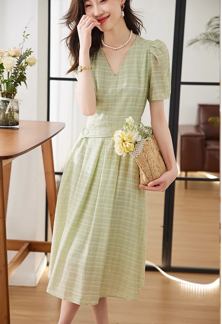 ドレス 女性 夏 v ネック ジャカード ウエスト ティーブレーク フレンチ パフスリーブ スカート 個性的 ワンピース 膝下 袖あり 半袖 Vネック 襟なし かわいい シンプル カジュアル 大人
