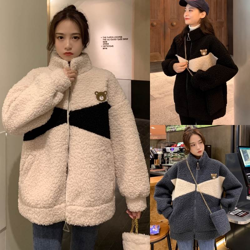 3色 アウター ボア ジャケット もこもこ レディース 冬 アプリコット ブラック 黒 グレー 灰色 長袖 ふわふわ バイカラー 切り替え 厚手 ジッパー ジップ モコモコ ポケット クマ くま ワン