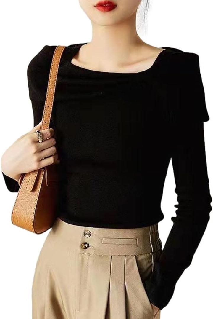 ボートネックニットトップス リボンモチーフ 薄手 やわらか スリムフィット 10分袖 大人かわいい 華奢魅せ おしゃれ カバー キレイメ セーター シック 着痩せ( ブラック, XL)