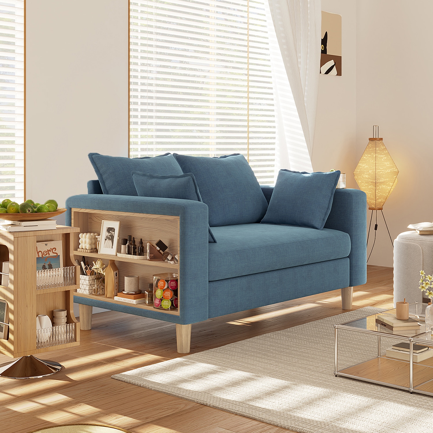 【国内へ発送&送·料·無·料】1319二人掛け 収納ソファー 多機能アームレスト（カップホルダー付） 幅123cm ファブリック 高反発 ソファ 極上座り心地 洗えるカバー 天然木脚 簡単組立 省スペ