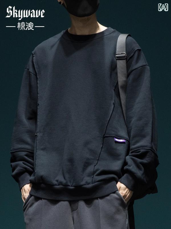 メンズ ヘビーウォッシュ セーター 大きいサイズ シンプル ファッション スプライシング イン ラウンドネック トップス