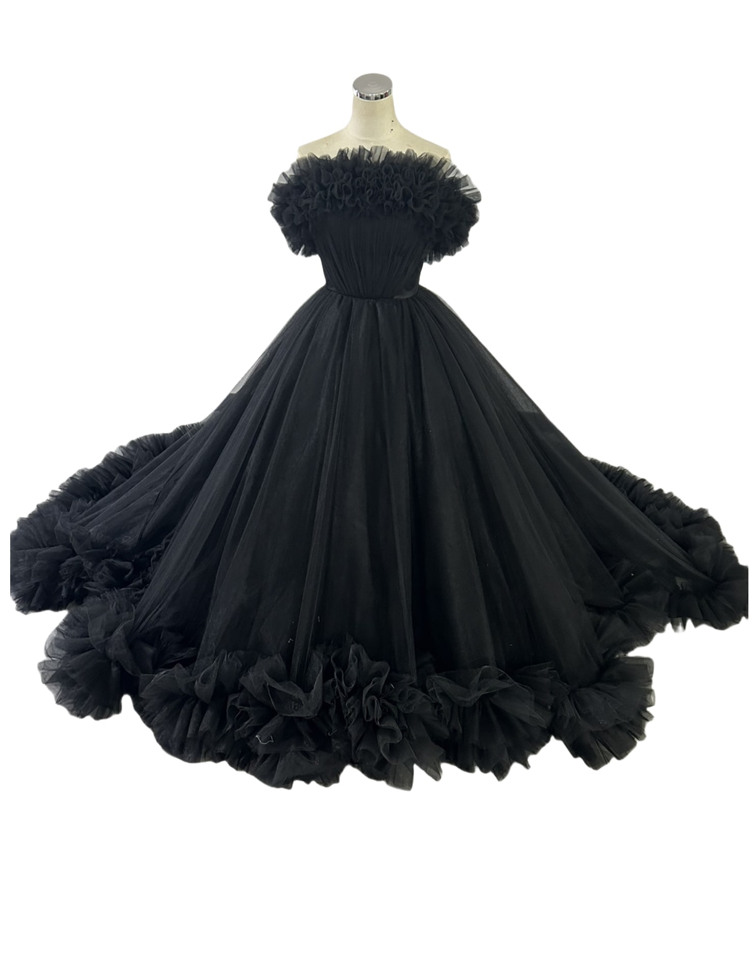 人気上昇！パーティードレス ブラック オフショルダー ラッフルフリル 編み上げ ボリュームドレス 前撮り